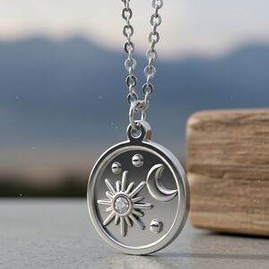 Celestial Sun & Moon Necklace 18K White Gold Plated Stainless Steel Medallion